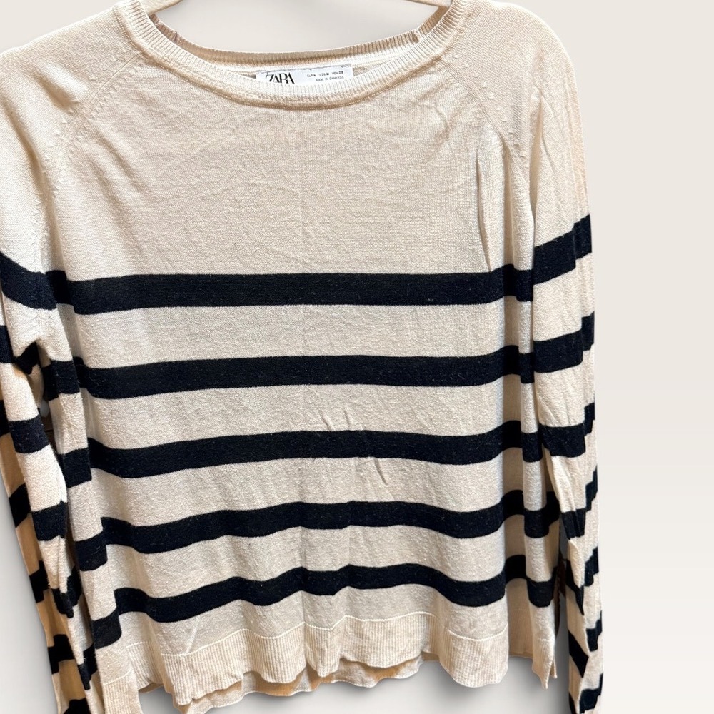 Zara Womens Striped Knit Sweater Cream Navy Blue Crew Neck Long Sleeve Size M